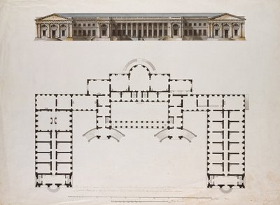 North elevation and ground plan of the Alexander Palace at Tsarkoe Selo by Giacomo Antonio Domenico Quarenghi